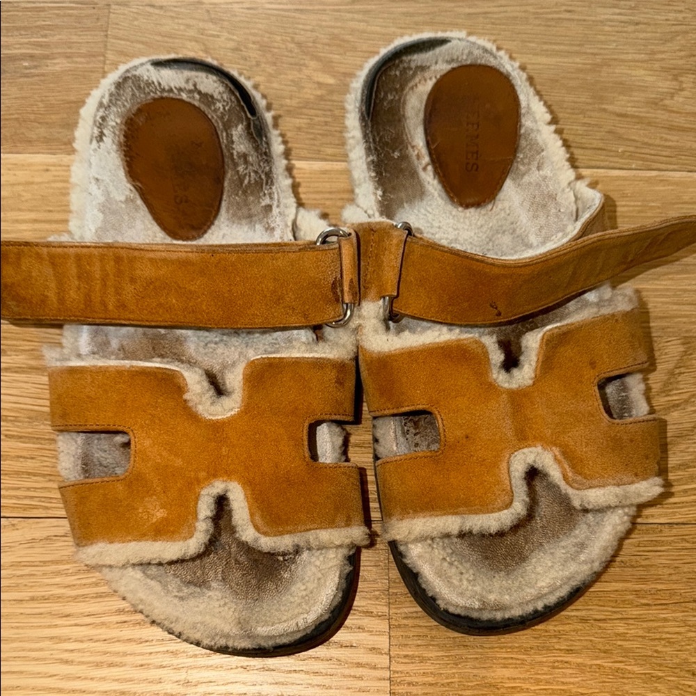 Hermes Shearling Slide Sandals in Cognac Suede size 7.5